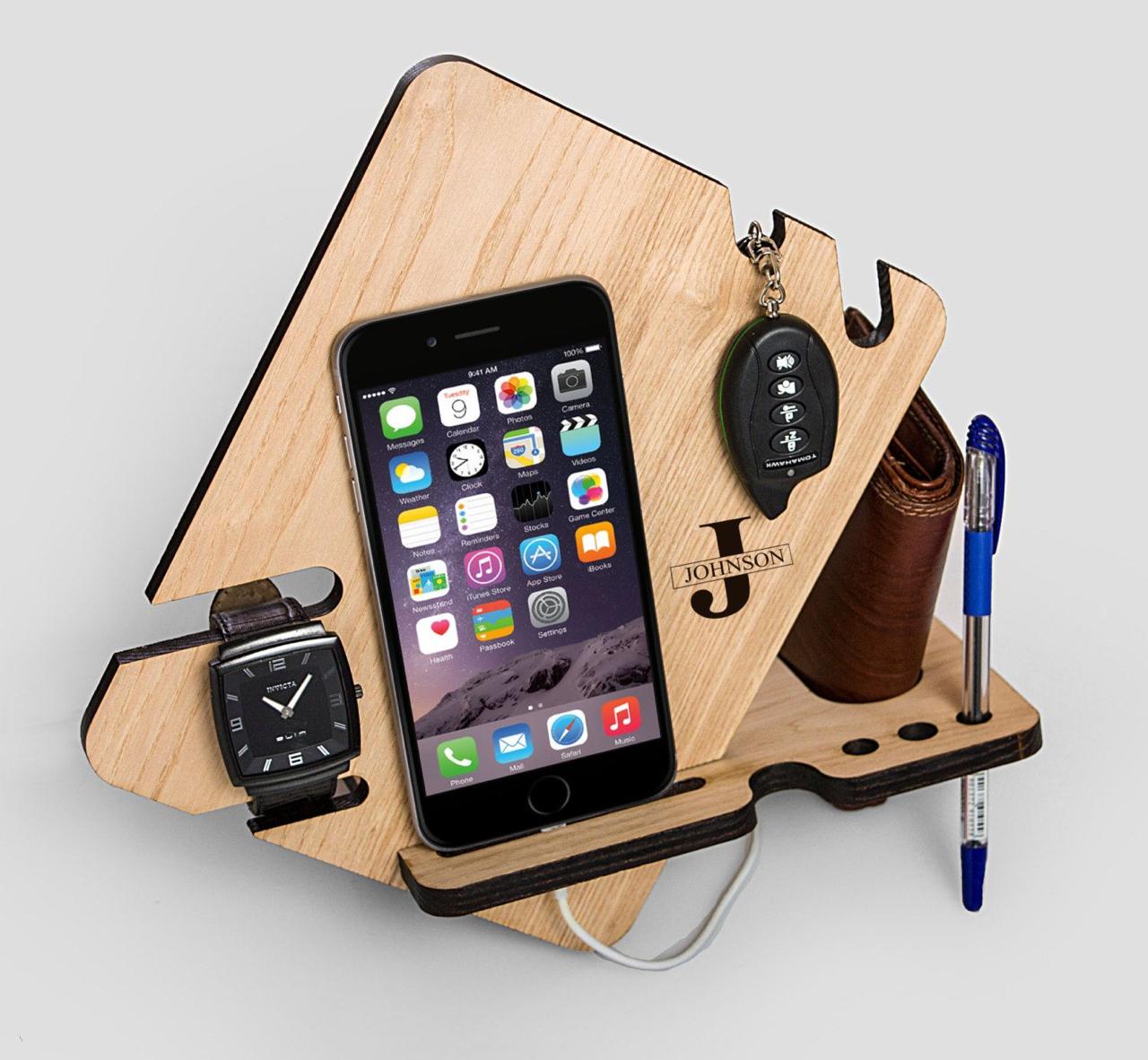 Wood Phone Docking Station With Key Holder Wallet Stand Watch Organizer Men Gift