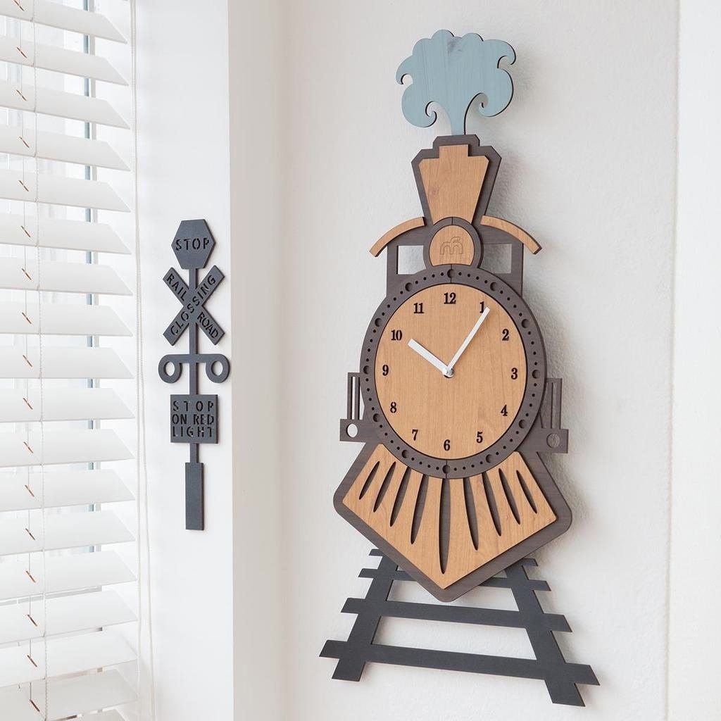 Wooden Train Wall Clock Kids Room Wall Decor