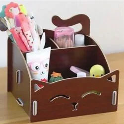 Cat Wooden Storage Box Office Desktop Cosmetic Organizer