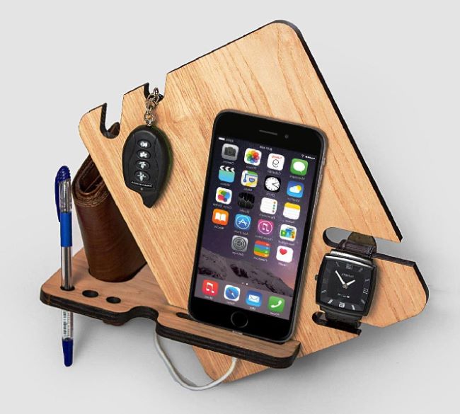 Wood Phone Docking Station With Key Holder Wallet Stand Watch Organizer Men Gift