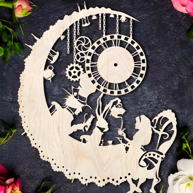 Alice in wonderland themed wooden wall clock