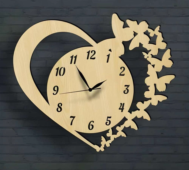 Butterfly heart shaped wooden wall clock