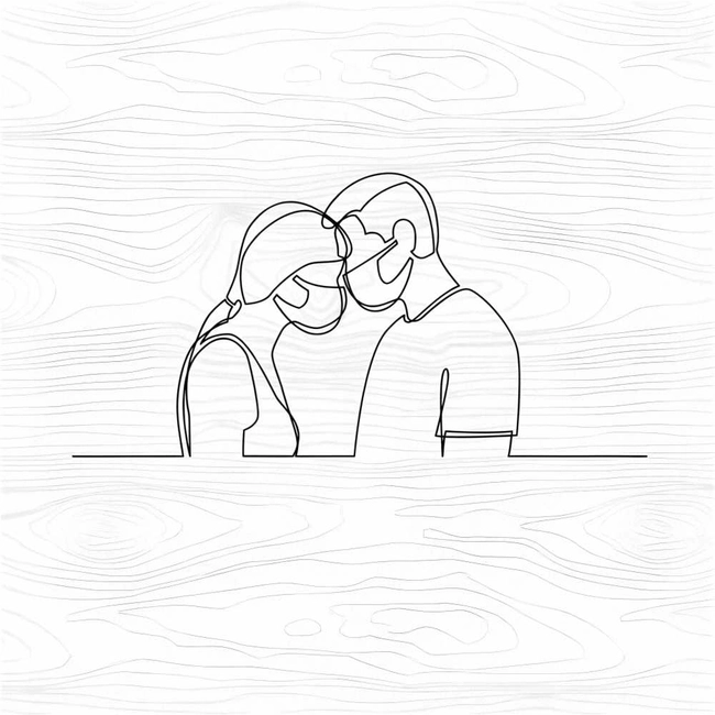 Couple touching heads with mask line art wall decor