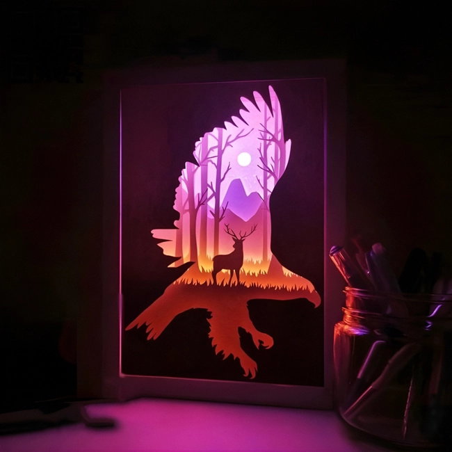 Deer and Eagle Paper Cut Light Box 3D Shadow Lamp