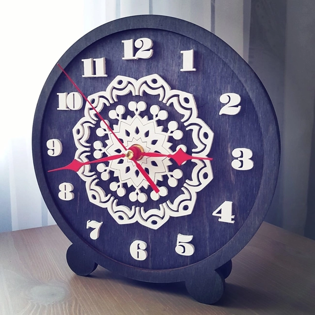 Mandala pattern wood clock for desk