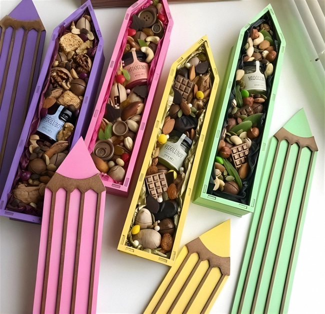 Plywood pencil shaped candy box