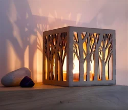 Wooden Tea Light Holder with Tree Pattern