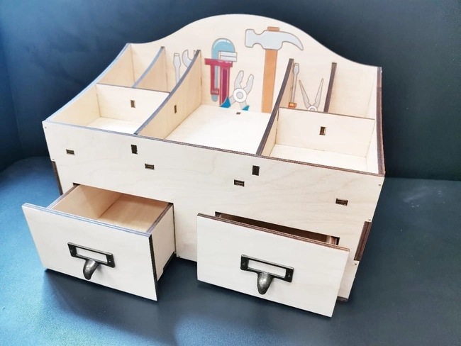 Wooden tool storage organizer with drawers