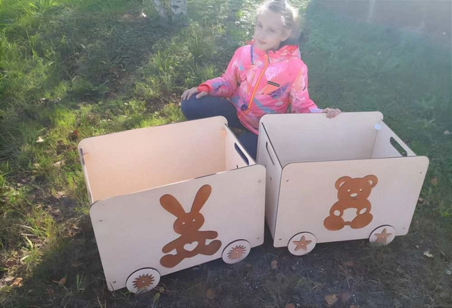 Wooden toy crate on wheel