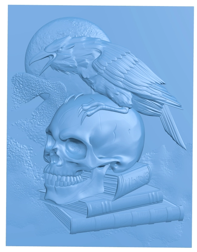 Raven on a skull with books