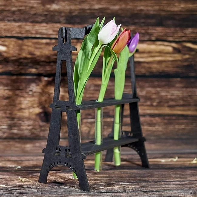 Wooden eiffel tower flower flask stand